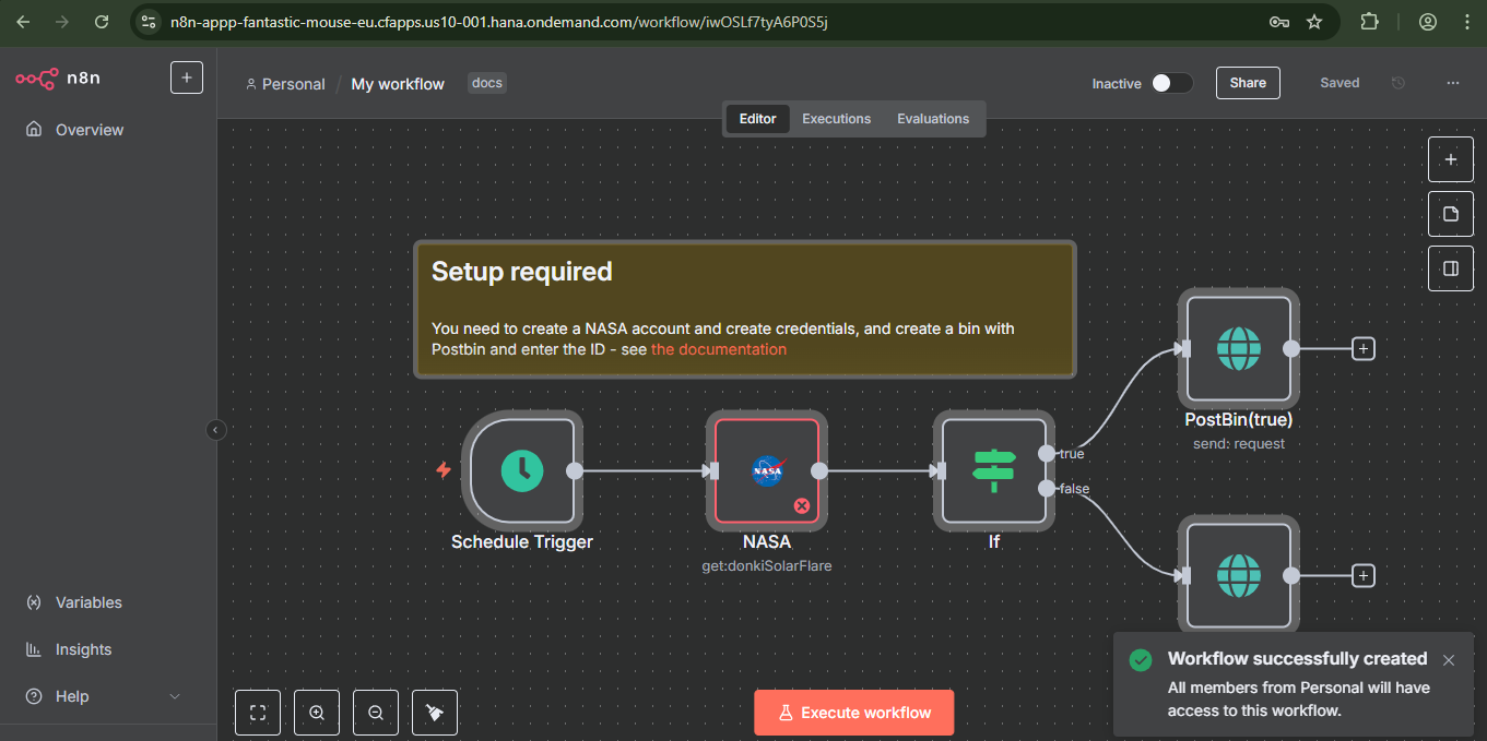 n8n workflow editor and saved workflow