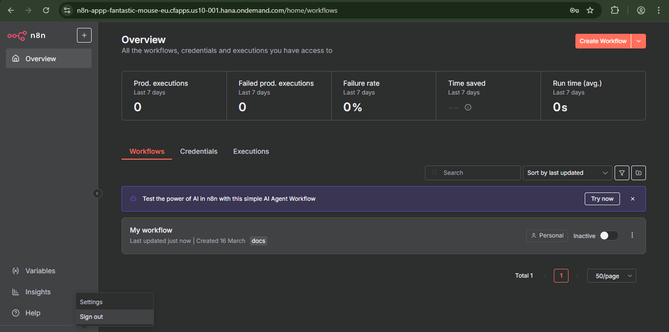 n8n logout and settings menu